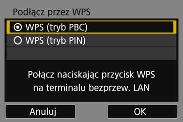 Łączenie poprzez WPS (tryb PBC) 6 7 8 Wybierz pozycję [WPS (tryb PBC)]. Wybierz opcję [OK] i naciśnij przycisk <0>, aby przejść do następnego ekranu. Połącz z punktem dostępu.