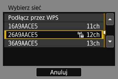 Łączenie z wykrytą siecią w sposób ręczny (1) (2) (3) 4 5 Wybierz pozycję [Wybierz sieć]. Pozycja ta jest wyświetlana w przypadku wybrania w punkcie 3 opcji [q], [D] albo [l].