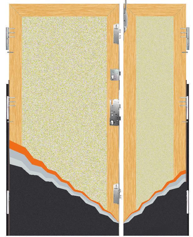 drzwi dwuskrzydłowe DS K3000 56 mm konstrukcja drzwi wypełnienie pianą PUR drzwi pełne Ud od 1,2 drzwi przeszklone Ud od 1,5 16 punktów ryglujących Zamek listwowy ROTO QB zastępujący trzy zamki