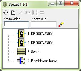 Rodzaje obiektów w oknie sprzętu RODZAJE OBIEKTÓW W OKNIE SPRZĘTU W oknie Sprzęt można utworzyć 3 rodzaje obiektów: Krosownice Szafy Rozdzielacze kabli Wszystkie te obiekty są kontenerami, które