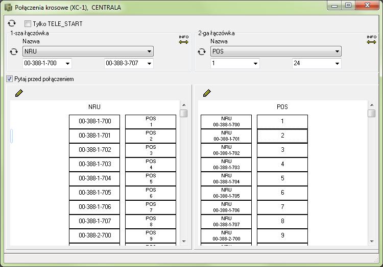 Po wykonaniu połączeń okno Połączenia krosowe będzie wyglądało tak: Tworzenie centrali telefonicznej i krosownic W lewej części okna (gdzie znajduje się łączówka NRU), po prawej stronie kontaktów
