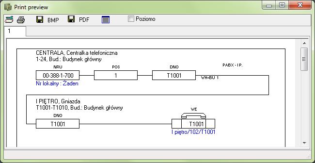 Tworzenie połączeń kablowych Program wyświetli okno podglądu wydruku, w którym graficznie zobrazowana jest trasa sygnału od centrali telefonicznej aż do gniazdka abonenckiego.