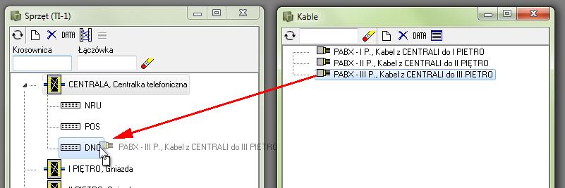 Tworzenie połączeń kablowych W oknie Kable kliknij na kabel PABX III P.