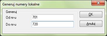 Definiowanie numerów telefonów wewnętrznych Pojawi się okno Numery telefonów: Kliknij Generuj. Pojawi się okno Generuj numery lokalne.
