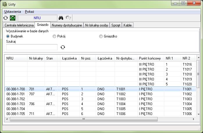 Zestawienia PRZEGLĄD GNIAZD ABONENCKICH Kliknij na zakładkę Gniazdo i kliknij na przycisk Odśwież. Zakładka Gniazdo posiada takie same kolumny, co zakładka Centrala telefoniczna.