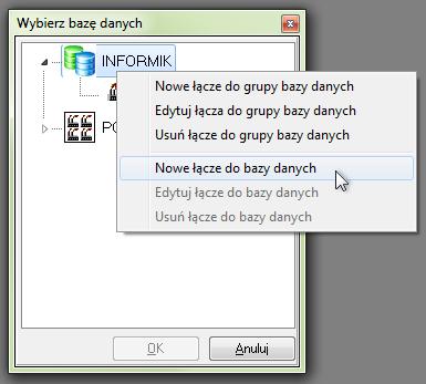 Tworzenie nowej bazy danych TWORZENIE ŁĄCZA DO BAZY DANYCH Program wyświetli okno Wybierz bazę danych.