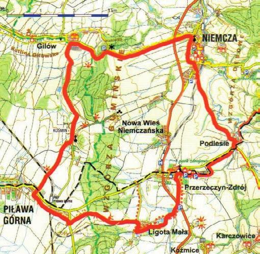 RUBRYKA Aktywność turystyczna w Polsce Szlak czerwony start w pobliżu Przerzeczyna Zdrój Długość trasy 22,2 km Trasa dobrze oznakowana Stopień trudności średni, dla całej rodziny Proponowany start i