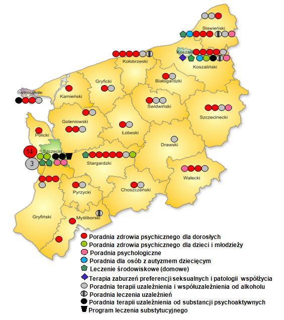 Regionalny Program Ochrony Zdrowia Psychicznego 4 poradni terapii uzależnienia od substancji psychoaktywnych, 4 poradni leczenia uzależnień, 1 programu leczenia substytucyjnego. Mapa 1.