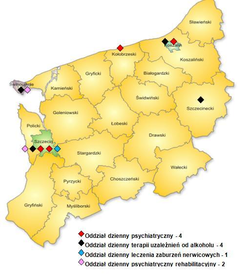 Mapa 3. Rozmieszczenie oddziałów dziennych dla osób z zaburzeniami psychicznymi i uzależnionych na terenie województwa zachodniopomorskiego Źródło: opracowano na podstawie informacji ZOW NFZ Tab. 8.