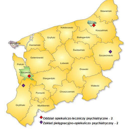 W województwie zachodniopomorskim nie funkcjonują oddziały dzienne dla uzależnionych od substancji psychoaktywnych. źródło: opracowano na podst.