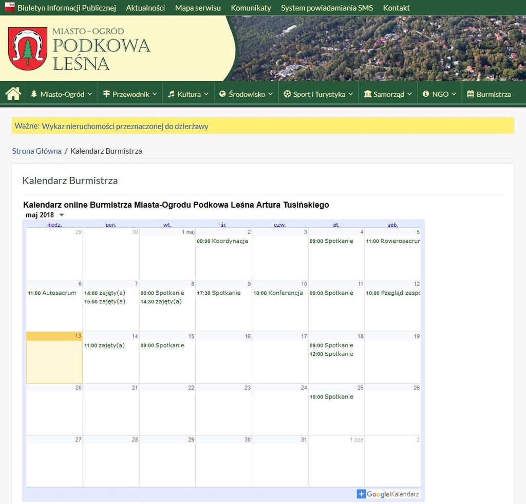 W ramach wzmacniania współpracy i komunikacji z mieszkańcami w mieście Podkowa Leśna (woj. mazowieckie) udostępniany jest kalendarz Burmistrza.