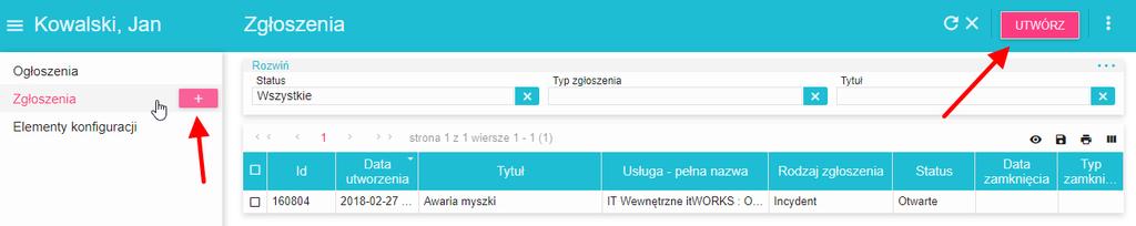 Tworzenie zgłoszenia W celu utworzenia nowego zgłoszenia za pomocą portalu, należy kliknąć na przycisk widoczny przy nazwie listy Zgłoszenia po najechaniu na nią kursorem myszy lub otwarcie tej