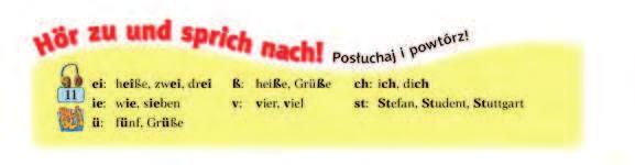 Hör zu und sprich nach!, s. 21 Hör zu und sprich nach!, s. 27 Hör zu und sprich nach!, s. 34 Technika: przyporz dkowanie znaków graficznych reprezentuj cych wybrane g oski do grup wyrazów je zawieraj cych.