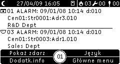 Rysunek 4: Wskazanie alarmu pożarowego na wyświetlaczu LCD centrali Każdy komunikat dotyczący alarmu ze strefy zawiera następujące informacje: Identyfikator strefy i opis, czas oraz opis urządzenia,