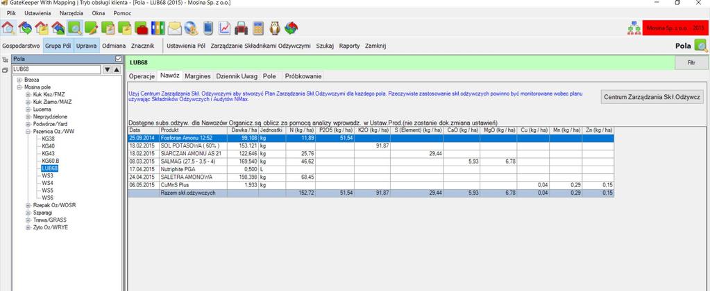 Analiza użytych nawozów Jedna z zakładek Modułu Pola zawiera