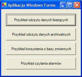 12. Przykłady 12.11.2. Windows Forms Po uruchomieniu programu pojawia się okno główne: Rysunek: Aplikacja Windows Forms - okno główne.