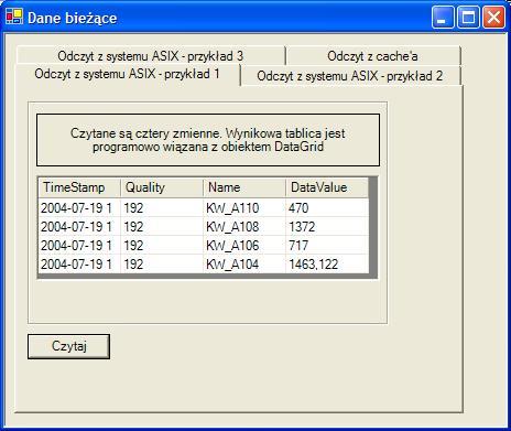 Rysunek: Aplikacja Windows Forms - okno danych bieżących.