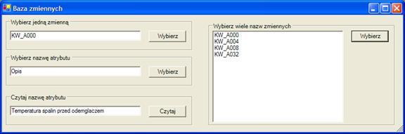 Rysunek: Aplikacja Windows Forms - okno bazy zmiennych.