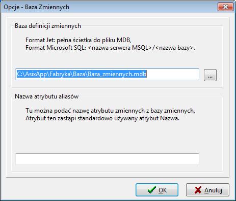 AsixConnect 3.6.2. Baza definicji zmiennych Konfiguracja interaktywna Rysunek: Konfigurator kanałów AsixConnect - opcje - baza definicji zmiennych.