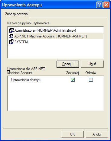 AsixConnect Rysunek: Nadawanie użytkownikowi ASPNET uprawnień dostępu.