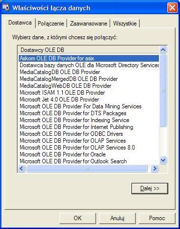 AsixConnect Rysunek: Okno klienta OLE DB - identyfikacja serwera OLE DB systemu Asix.