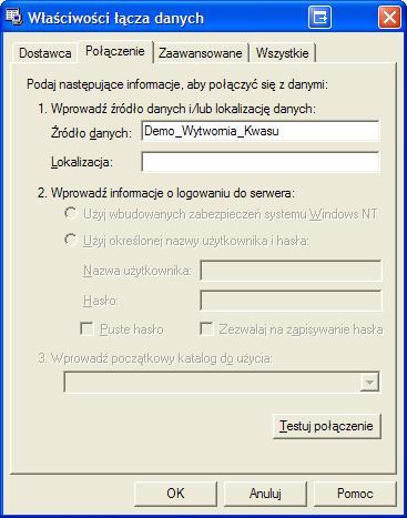 7. Dane archiwalne Rysunek: Okno klienta OLE DB - identyfikacja źródła danych. 7.6.3. Tabele Serwer udostępnia jedną tabelą o nazwie ListaZmiennych (w wersji angielskojęzycznej VariablesList).