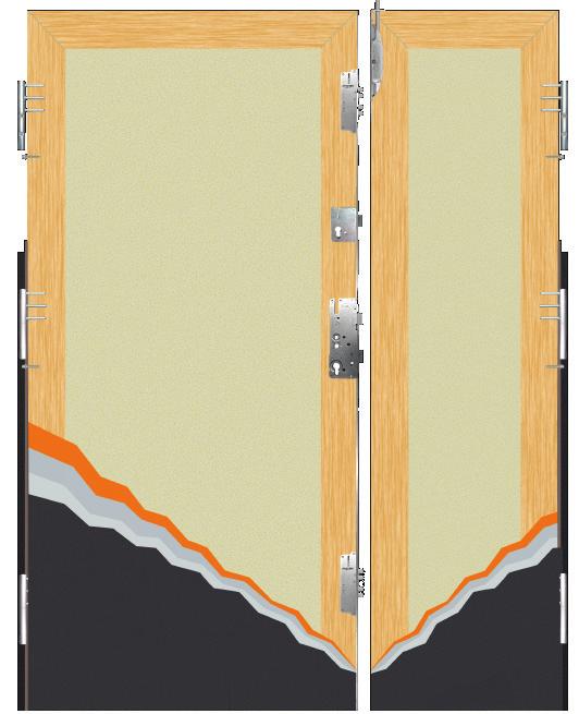 drzwi dwuskrzydłowe K-3000 9 GT i K-3000 P konstrukcja drzwi Zamek listwowy RT QB zastępujący trzy zamki tradycyjne ścieżnica termiczna Aluminiowo -drewniana pokryta laminatem w kolorze skrzydła Próg
