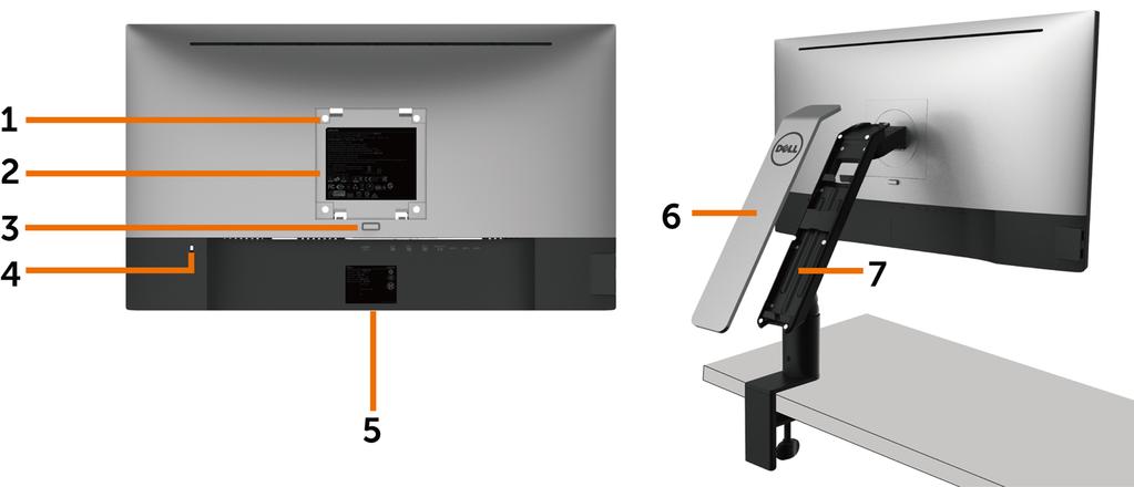 Widok od tyłu Etykieta Opis Zastosowanie 1 Otwory montażowe VESA (100 mm x 100 mm - za zamontowaną pokrywą VESA) Montaż monitora na ścianie z wykorzystaniem zestawu do montażu na ścianie zgodnego z