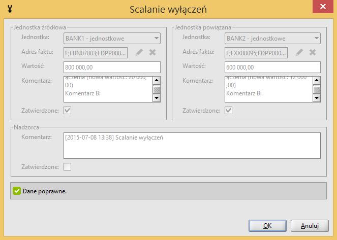 Rysunek 31. Scalanie wyłączeń W pozycji Komentarz będzie widoczna informacja o: o dacie oraz godzinie przeprowadzanej operacji, oraz o kwocie przed i po scaleniu.