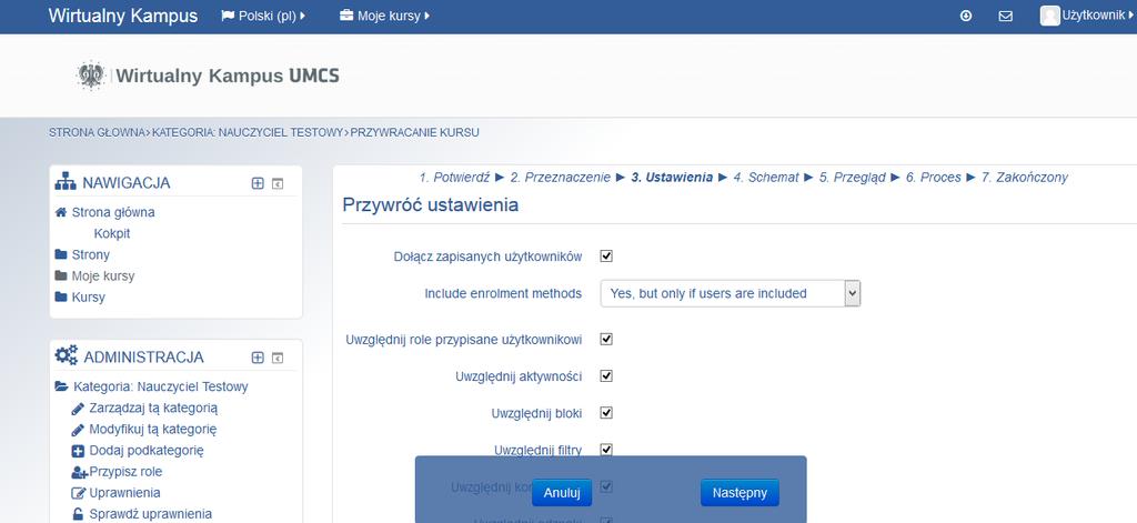 Jeżleli na liście kategorii nie wyświetla się porządana kategoria nauczyciel powinien wyszukać swoją kategorię a następnie zaznaczyć ją i kontynuować odtwarzanie