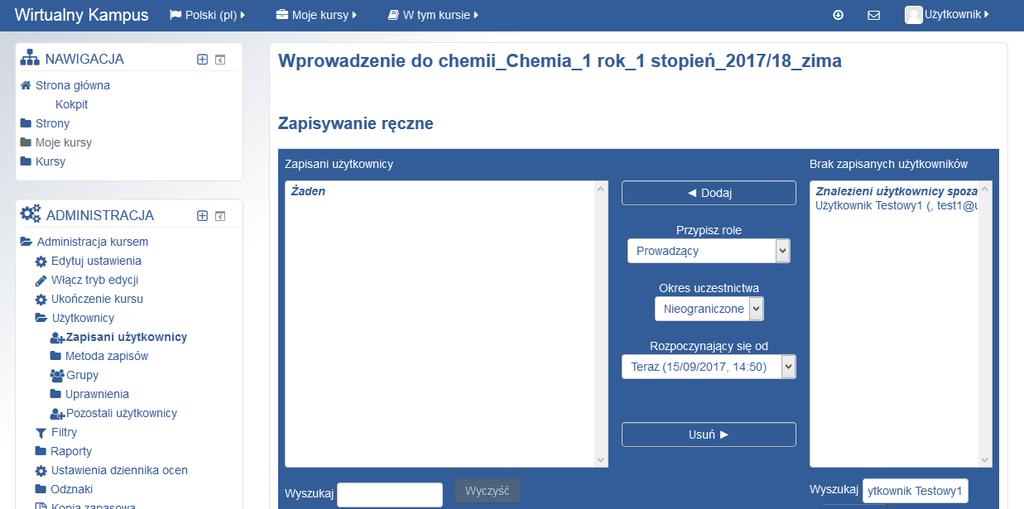 Aby studenci mogli zapisywac się do tego kursu należy włączyć w kursie opcję samodzelnego zapisywania się studentów.