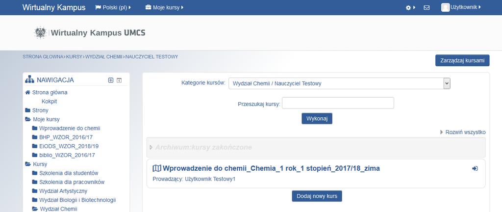 Przechodząc na stronę główną Kampusu odtworzny kurs będzie znajdował się miejscu (kategorii należącej do danego