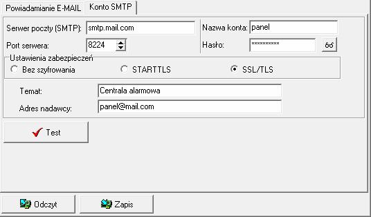SATEL ETHM-1 Plus 25 Akt. po włączeniu opcji możliwe będzie wysyłanie wiadomości na dany adres e-mail w celu powiadomienia o zdarzeniach.