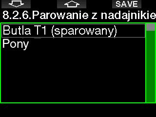 Przy napełnianiu ciśnieniem nadajnik Smart wysyła sekwencję parowania do G2. Gdy komputer odbierze tę informację, wyświetlacz zmienia się, pokazując listę oznakowań butli (T1, T2 itp.).