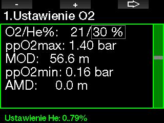 Można wprowadzić inne ustawienia ppo 2 dla gazów dekompresyjnych. Maksymalny limit ppo 2 zmodyfikować można w menu 2.4 ppo 2 max. 2.1.