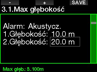 2.3.1 Ustawianie podwójnego alarmu maksymalnej głębokości W trybie tym wszystkie alarmy mogą być albo dźwiękowe, albo wyłączone.
