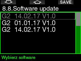 14 Software update Aktualizacje oprogramowania można zainstalować z listy znajdującej się w tym menu. Wybierz wersję oprogramowania, a następnie naciśnij przycisk SAVE, aby wykonać aktualizację.