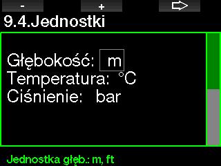 2.9.4 Ustawianie preferowanych jednostek użytkownika Tutaj możliwy jest wybór kombinacji jednostek głębokości, temperatury i ciśnienia.