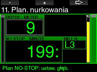 Zakres wysokości. 6. Poziom nasycenia w chwili aktywowania planera. 7. Przestrzeganie zalecanych prędkości wynurzania. UWAGA: Gdy G2 pracuje w trybie Gauge lub Apnea, planer nie jest aktywny. 2.11.