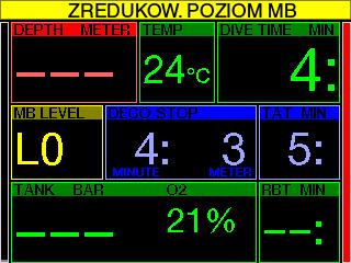3.5.10 Początek levelstop Polski Podczas nurkowania z poziomem mikropęcherzyków (MB) innym niż L0, komputer G2 może poinformować o tym, że skończyła się faza MB no-stop.