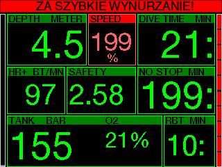 394 10 33 Jeśli prędkość wynurzania przekracza 110% idealnej wartości, okienko z prędkością staje się żółte, G2 wysyła także alarm dźwiękowy, jeśli prędkość wynurzania przekroczy 110%: intensywność