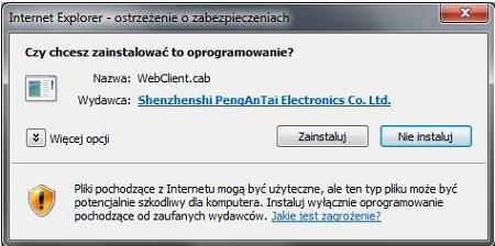 W nowszych wersjach IE pojawić się może pasek informujący o zagrożeniu - należy potwierdzić wyjątek bezpieczeństwa i uruchomić otwieranie dodatku na