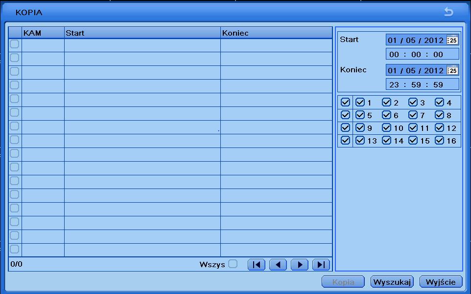 'Wyszukaj' w kolumnie po lewej stronie okna wyświetlą się pliki. Domyślnie zaznaczone są wszystkie odnalezione nagrania. Wybrać można ich dowolną ilość. Po zakończeniu wyboru należy kliknąć 'Kopia'.