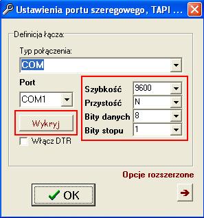 1. Połączenie lokalne za pomocą portu szeregowego (COM). W polu Typ Połączenia wybieramy opcje COM. Należy wybrać numer portu COM, za pomocą którego będzie realizowane połączenie.