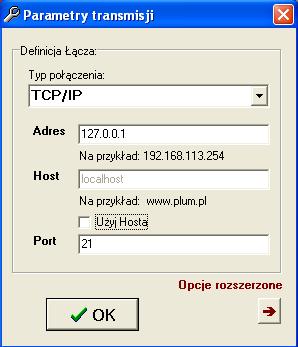 3. Połączenie zdalne za pomocą internetu (TCP/IP - Transmission Control Protocol over Internet Protocol). W polu Typ Połączenia wybieramy opcje TCP/IP.