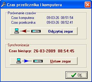 5. Ustawienie zegara Funkcja (CTRL + B) otwiera okno odczytu i synchronizacji zegara przelicznika.
