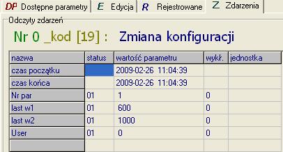 Zapisane zdarzenie Zmiana konfiguracji przechowuje: datę rozpoczęcia i zakończenia zdarzenia, zmieniony parametr