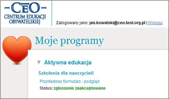 Zgłoszenie zostało zaakceptowane przez Koordynatora programu CEO.