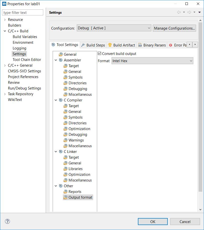 4 IMPORTOWANIE PROJEKTU DO ATOLLIC TRUESTUDIO Rysunek 15: Konfiguracja typu formatu dla wynikowego pliku binarnego Ponadto, ustaw w programie kompilację równoległą, która znacząco skróci czas