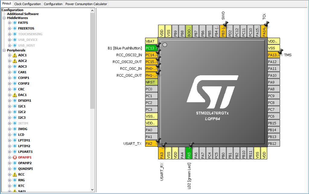 3.1 Przygotowanie projektu w programie STM32CubeMX 3 PRACA Z NARZĘDZIEM STM32CUBEMX Rysunek 4: Okno przedstawiające początkową konfigurację mikrokontrolera dla płyty ewaluacyjnej NUCLEO-L476RG Piny